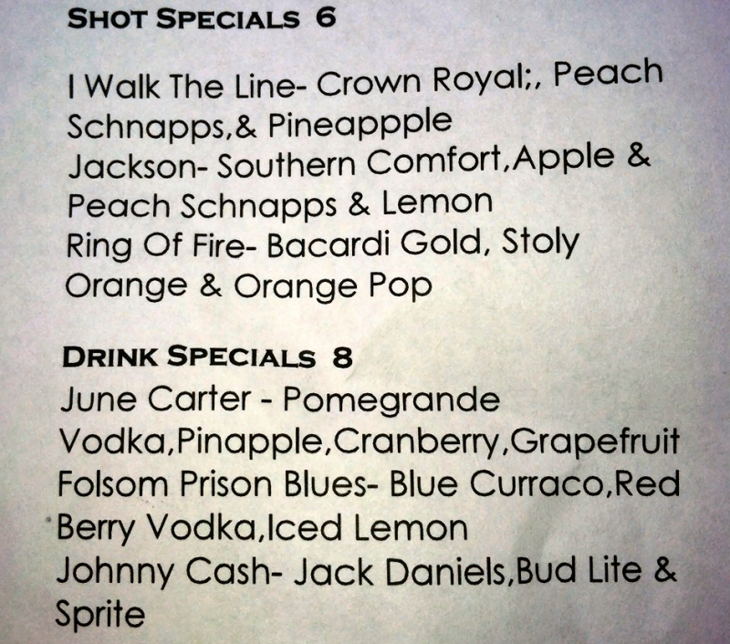 Kenny D's Johnny Cash drink specials